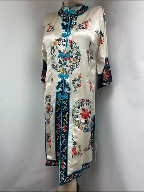 Vintage Ivory Satin Embroidered Mandarin Collar Robe with Turquoise Trim, Size M